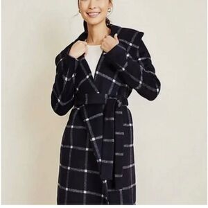 Ann Taylor Navy Windowpane Plaid Wrap Coat